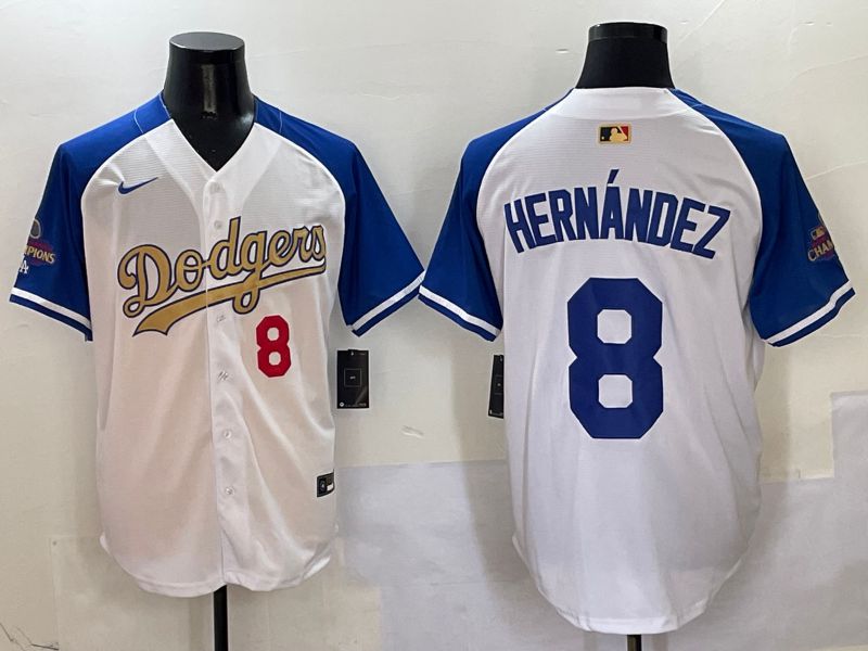 Men Los Angeles Dodgers #8 Hernandez White Blue Champion gold character Nike 2025 MLB Jersey style 5041->los angeles dodgers->MLB Jersey